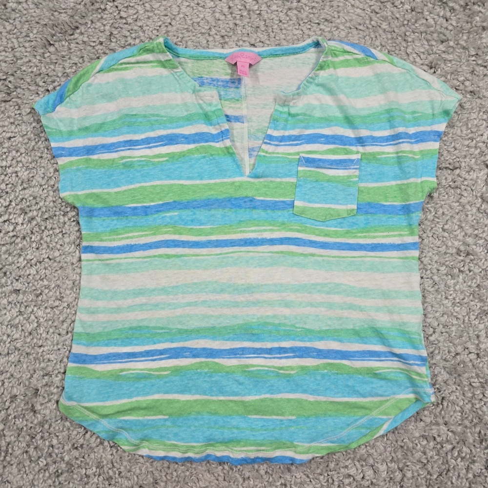 Lilly Pulitzer Women Linen Split Neck Top Size XS Striped Coastal Preppy